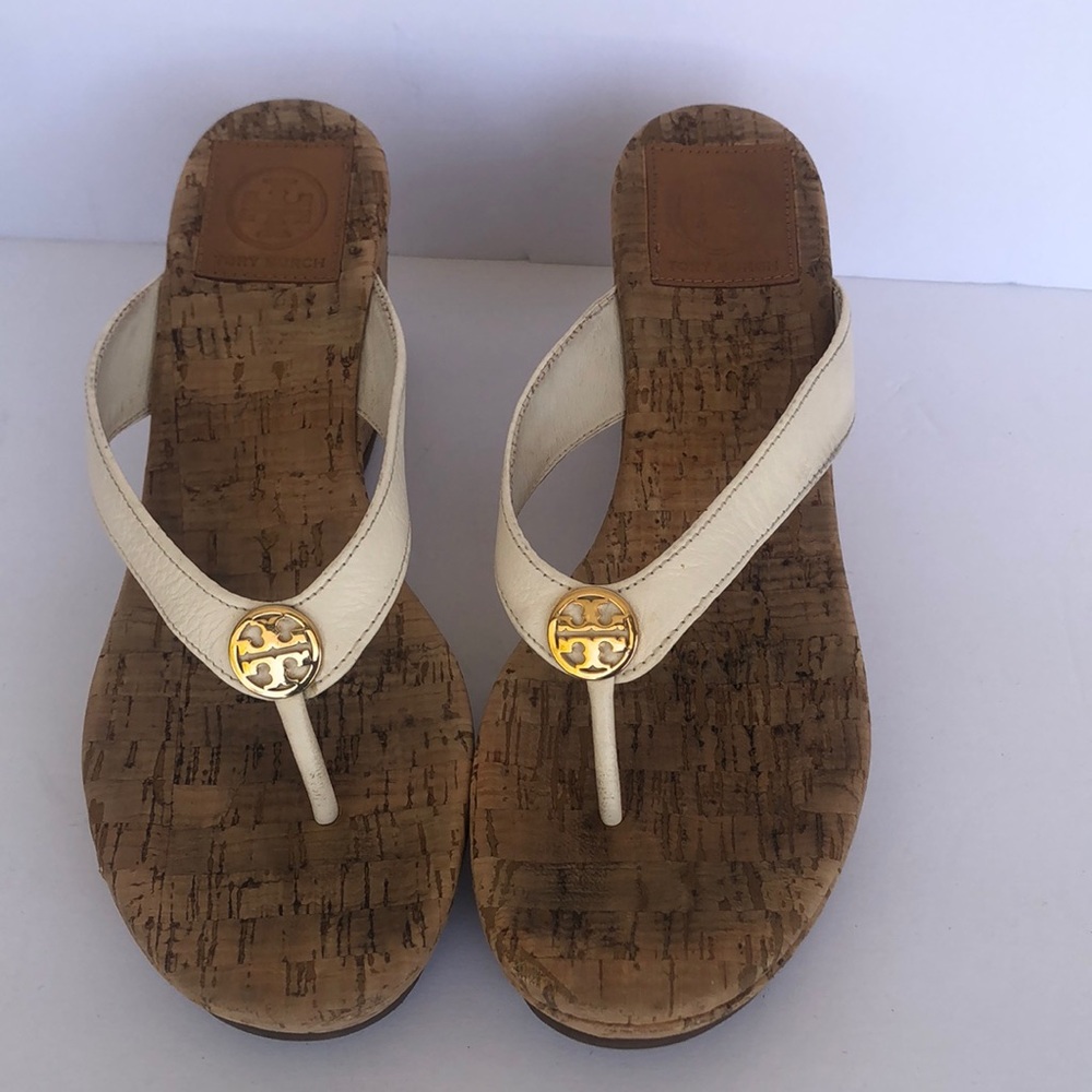 Tory Burch white leather cork wedges size 7M